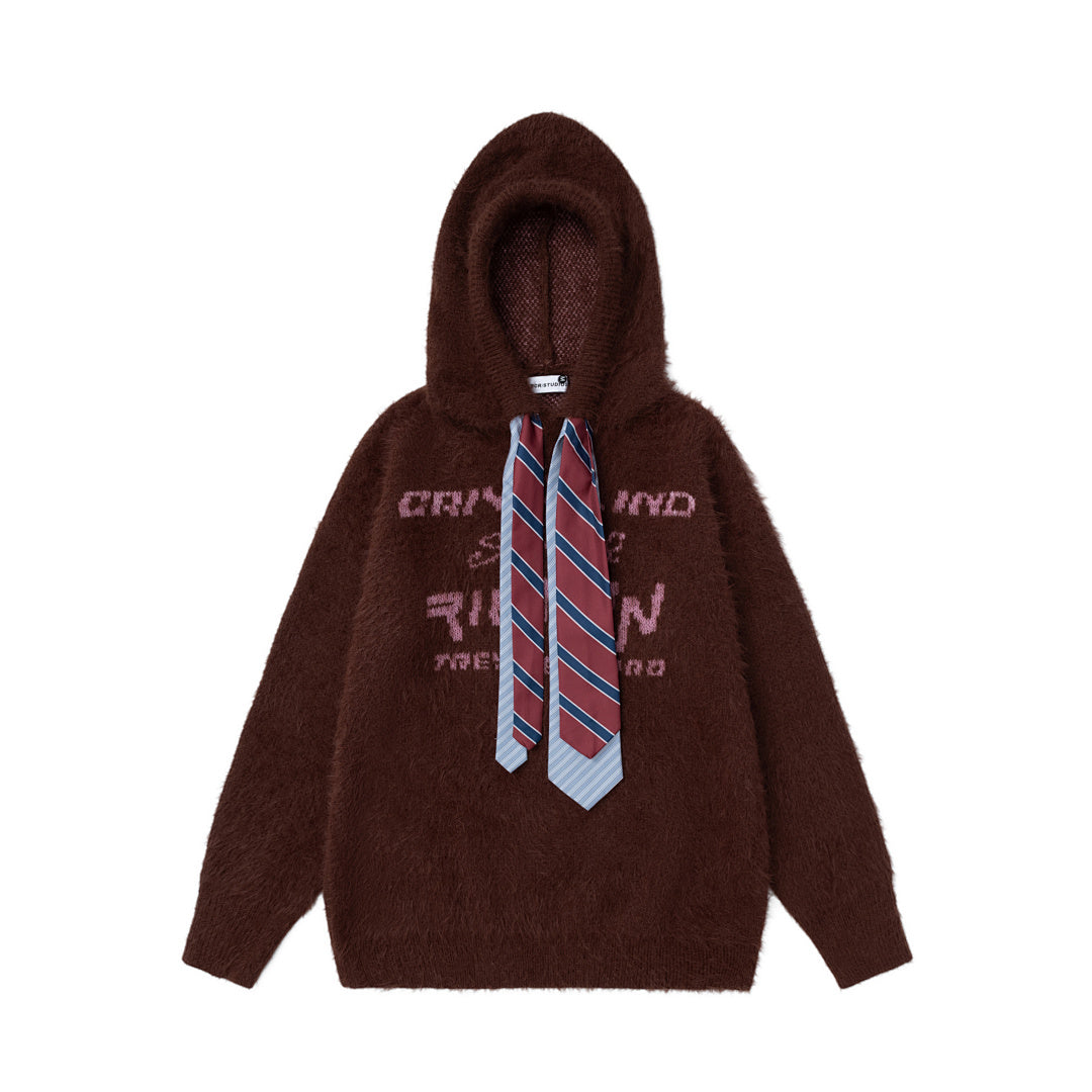 Fuzzy Hooded Knit Sweater With Striped Tie & Letter Jacquard