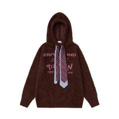Fuzzy Hooded Knit Sweater With Striped Tie & Letter Jacquard
