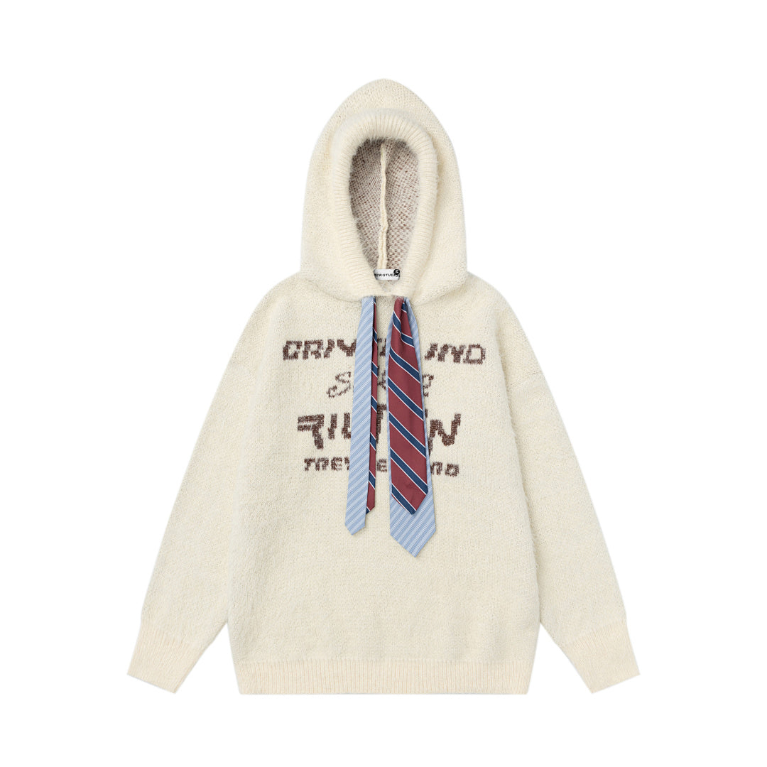 Fuzzy Hooded Knit Sweater With Striped Tie & Letter Jacquard