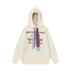 Fuzzy Hooded Knit Sweater With Striped Tie & Letter Jacquard