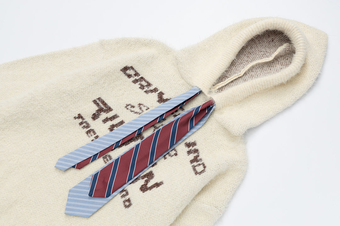Fuzzy Hooded Knit Sweater With Striped Tie & Letter Jacquard
