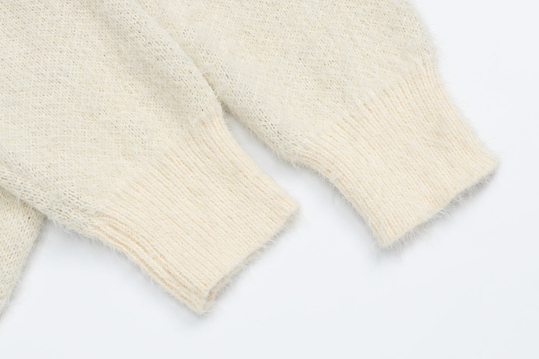Fuzzy Hooded Knit Sweater With Striped Tie & Letter Jacquard