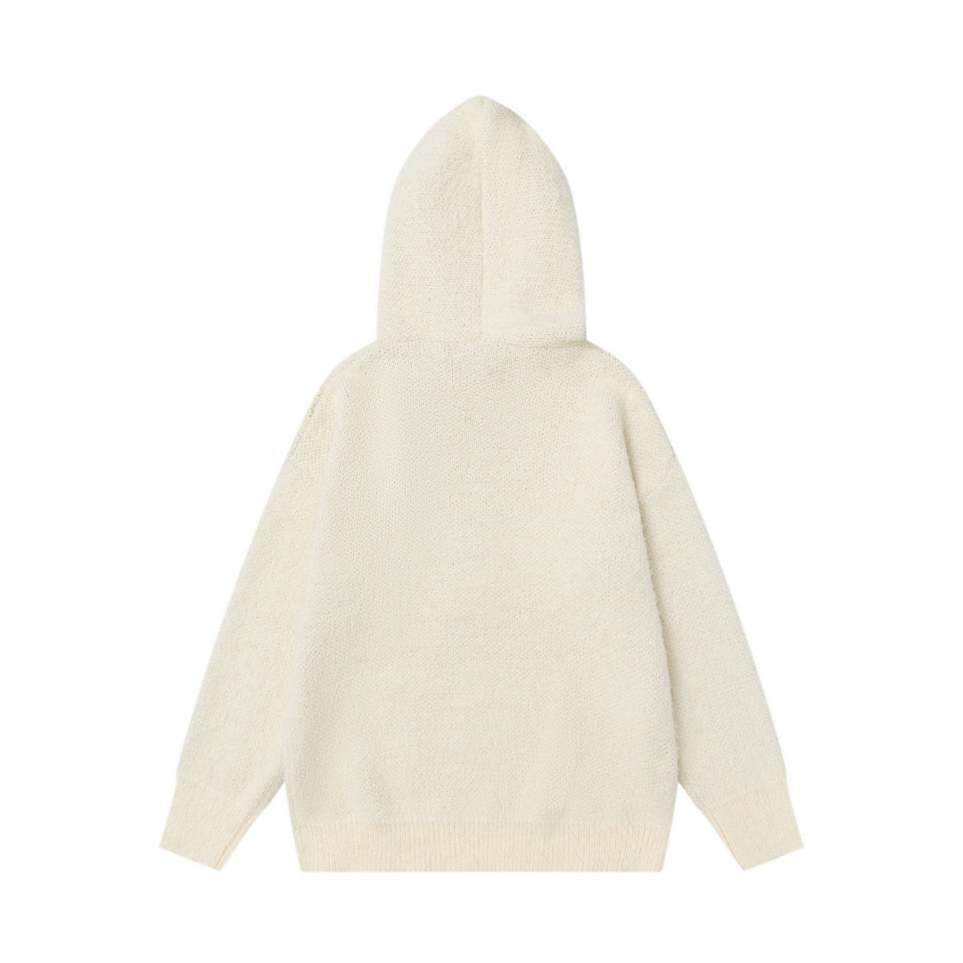 Fuzzy Hooded Knit Sweater With Striped Tie & Letter Jacquard