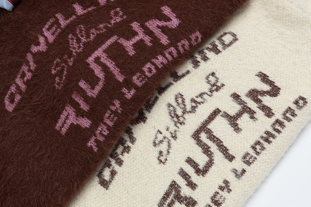 Fuzzy Hooded Knit Sweater With Striped Tie & Letter Jacquard
