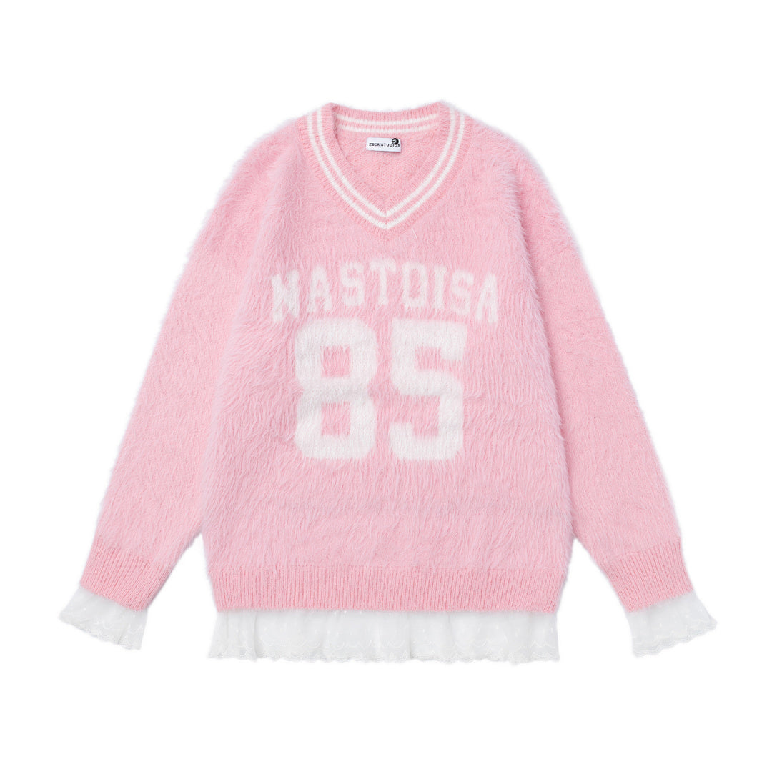 Fuzzy Varsity Number 85 Lace Hem V‑Neck Knit Sweater