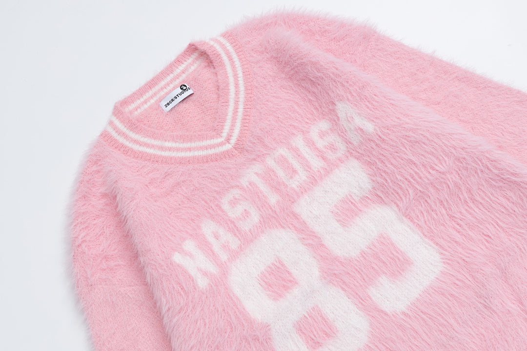Fuzzy Varsity Number 85 Lace Hem V‑Neck Knit Sweater
