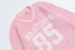 Fuzzy Varsity Number 85 Lace Hem V‑Neck Knit Sweater