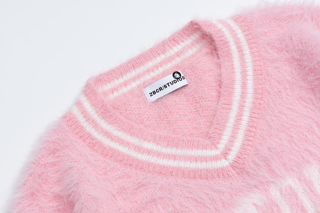 Fuzzy Varsity Number 85 Lace Hem V‑Neck Knit Sweater