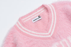 Fuzzy Varsity Number 85 Lace Hem V‑Neck Knit Sweater