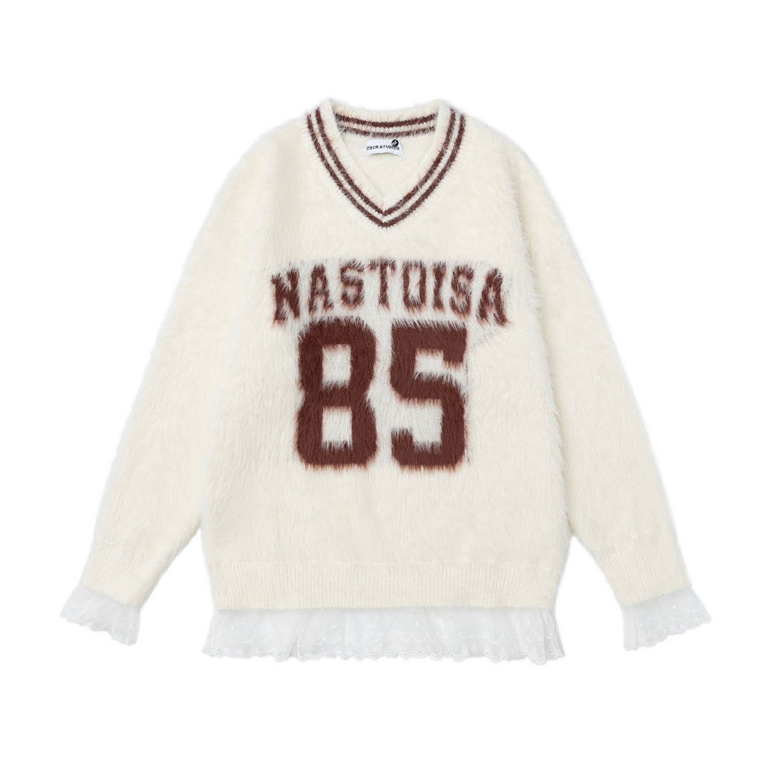 Fuzzy Varsity Number 85 Lace Hem V‑Neck Knit Sweater
