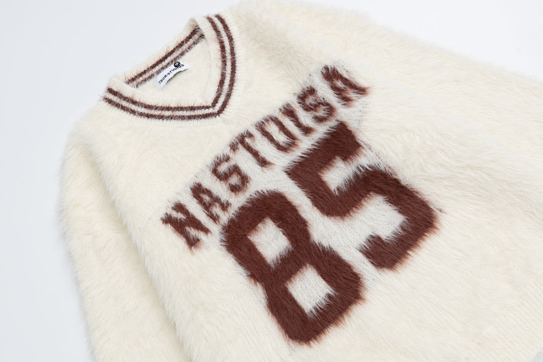 Fuzzy Varsity Number 85 Lace Hem V‑Neck Knit Sweater
