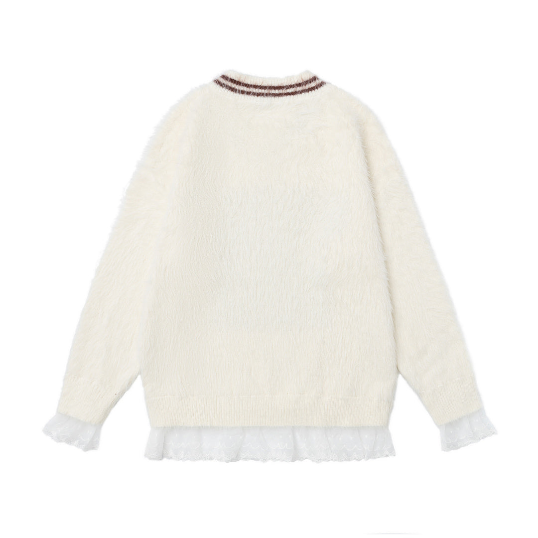 Fuzzy Varsity Number 85 Lace Hem V‑Neck Knit Sweater