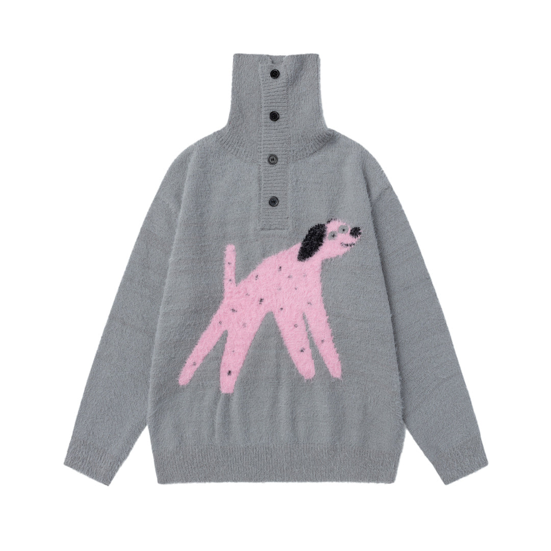 Fuzzy Half Button High Neck Dog Jacquard Sweater