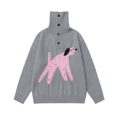 Fuzzy Half Button High Neck Dog Jacquard Sweater