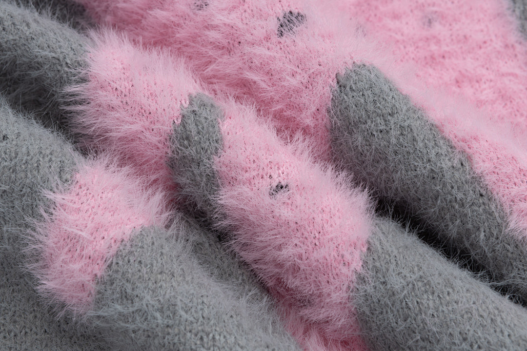 Fuzzy Half Button High Neck Dog Jacquard Sweater