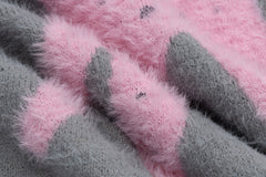 Fuzzy Half Button High Neck Dog Jacquard Sweater
