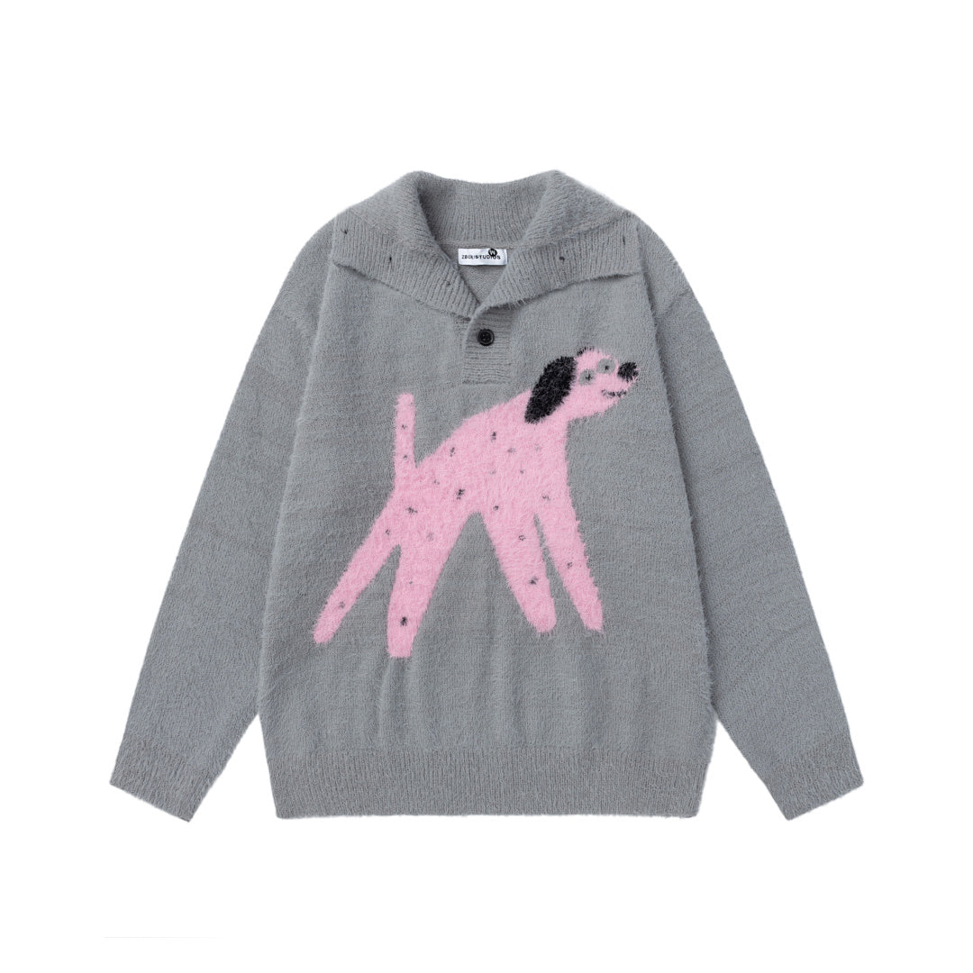 Fuzzy Half Button High Neck Dog Jacquard Sweater