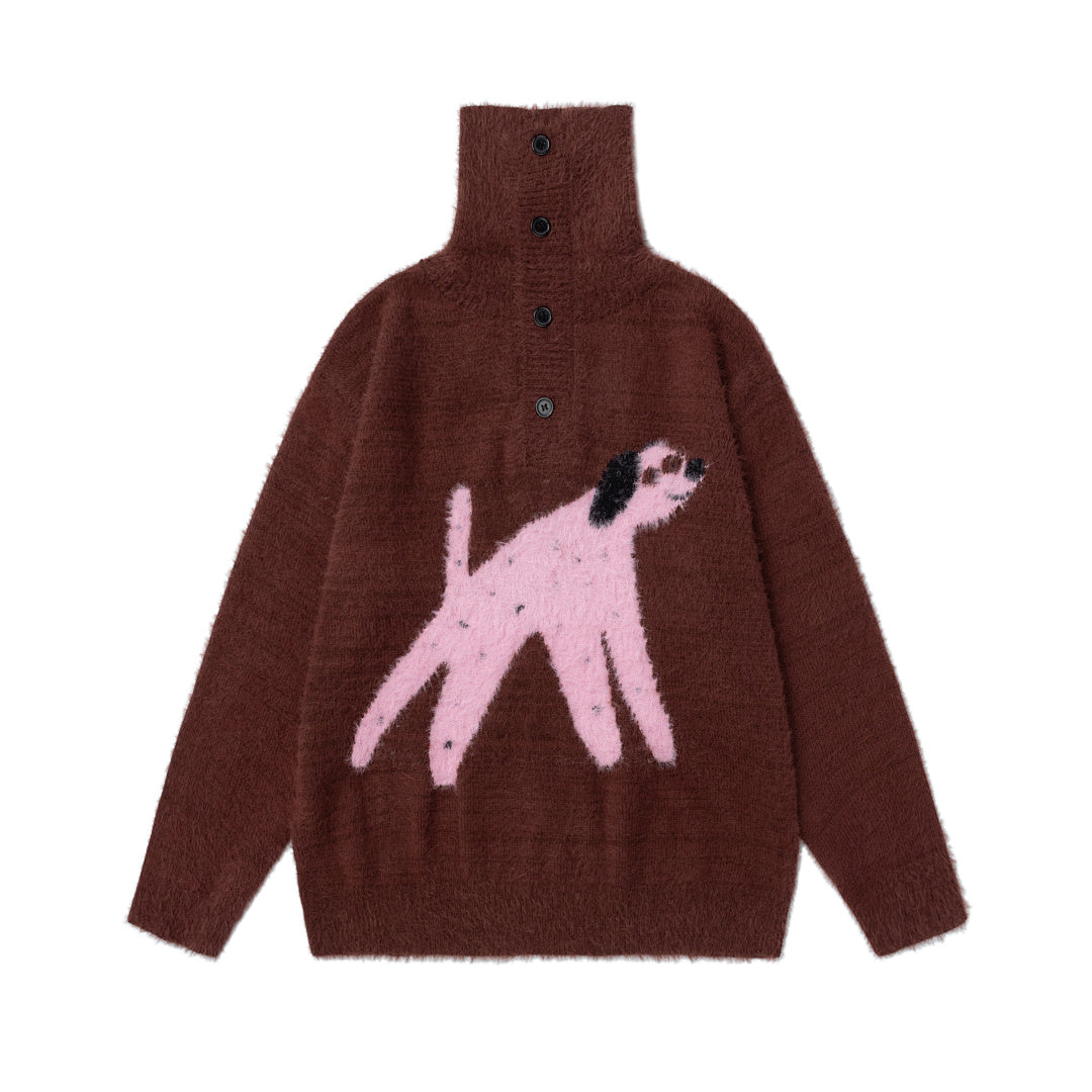 Fuzzy Half Button High Neck Dog Jacquard Sweater