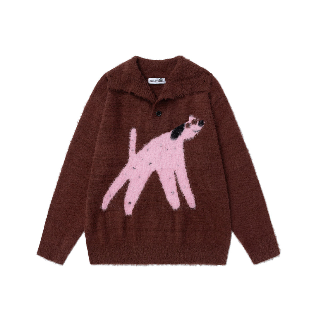 Fuzzy Half Button High Neck Dog Jacquard Sweater
