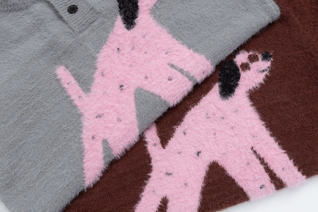 Fuzzy Half Button High Neck Dog Jacquard Sweater