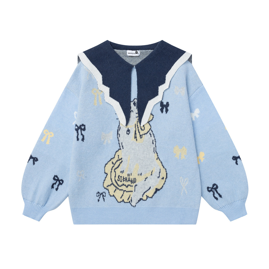 Cat Bow Jacquard Contrast Big Collar Knit Sweater