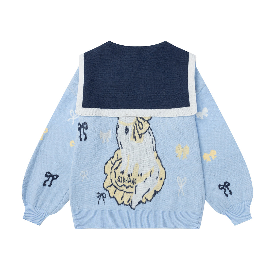 Cat Bow Jacquard Contrast Big Collar Knit Sweater