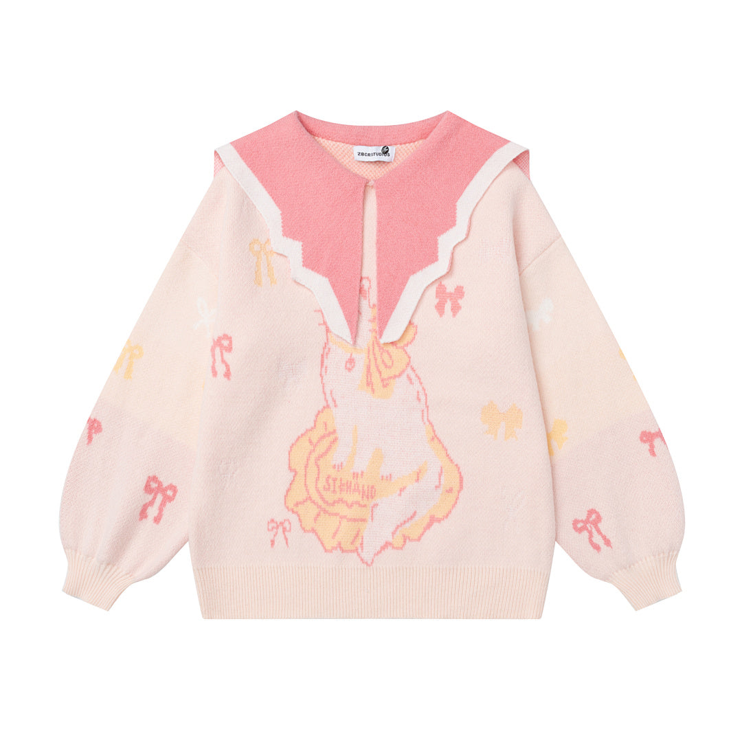 Cat Bow Jacquard Contrast Big Collar Knit Sweater