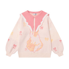 Cat Bow Jacquard Contrast Big Collar Knit Sweater