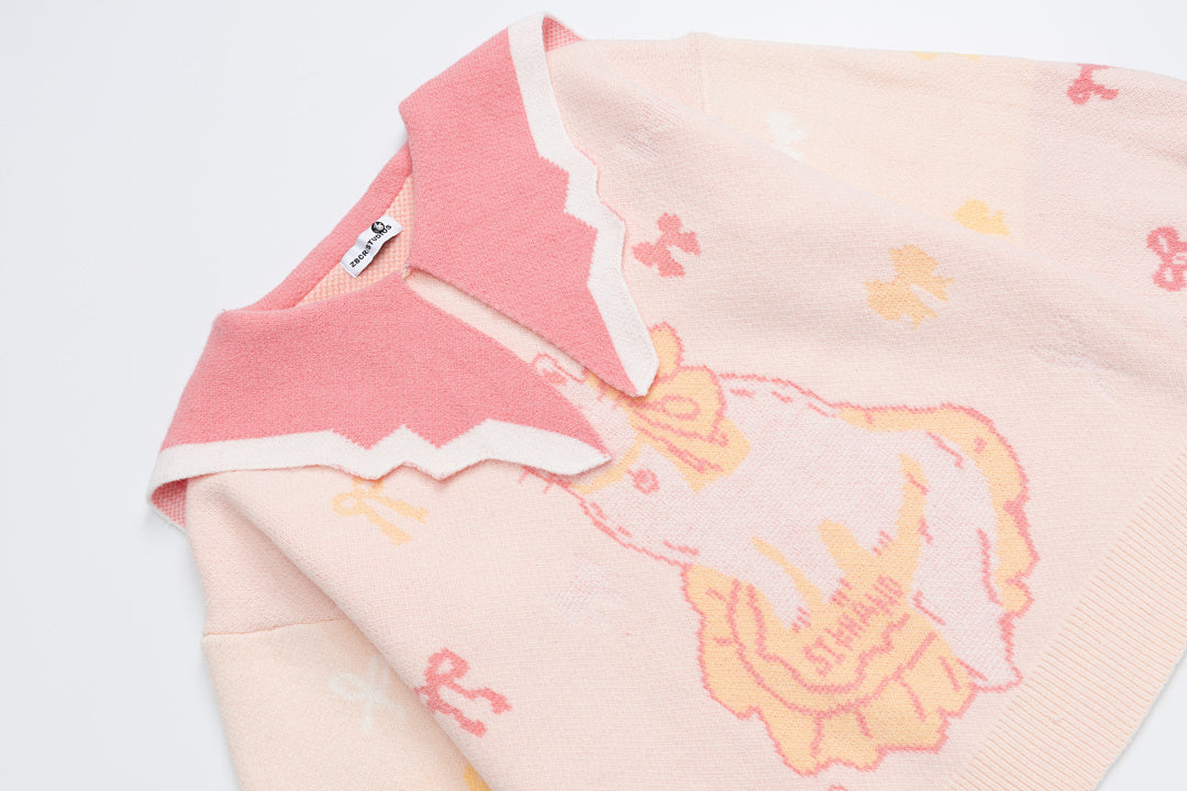 Cat Bow Jacquard Contrast Big Collar Knit Sweater