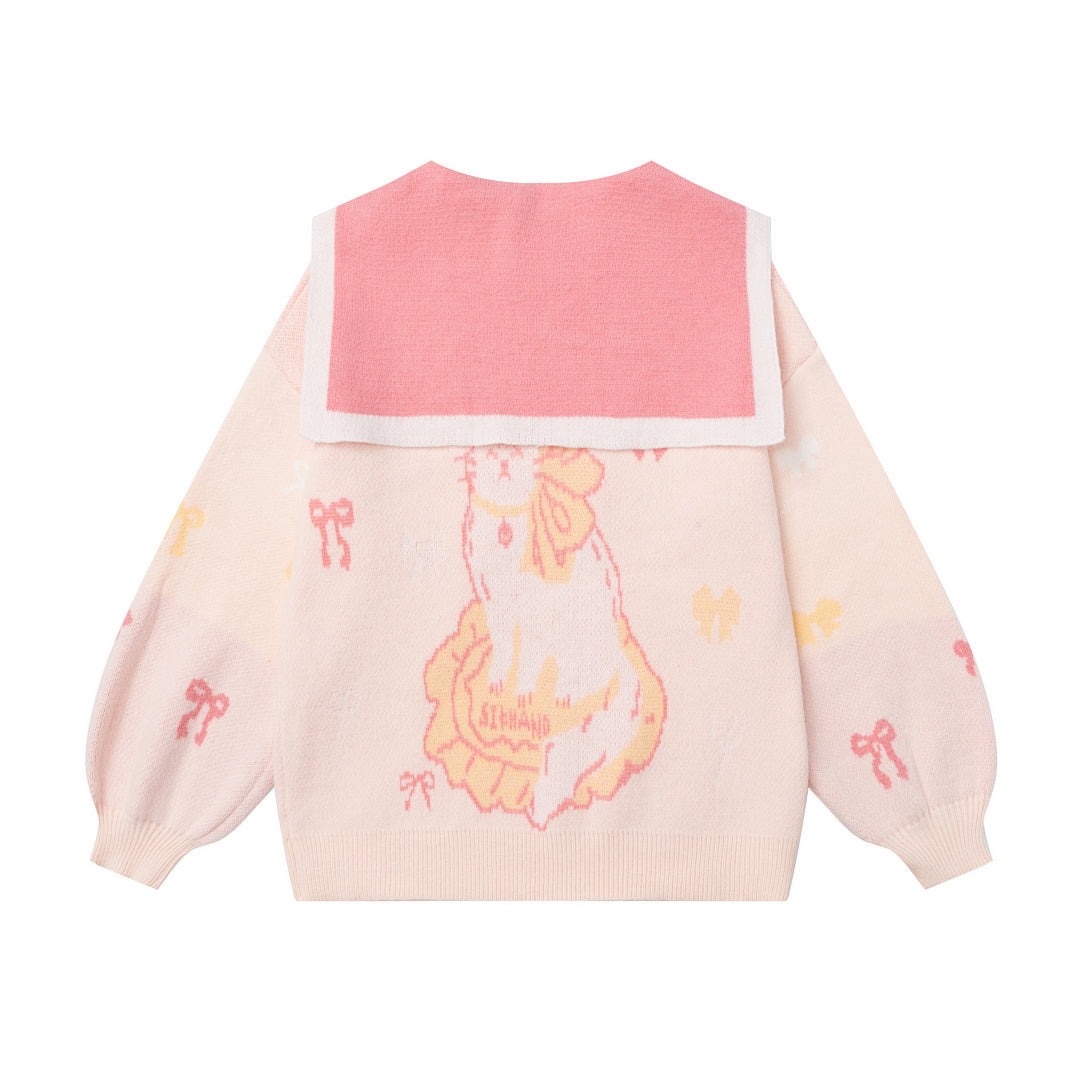Cat Bow Jacquard Contrast Big Collar Knit Sweater
