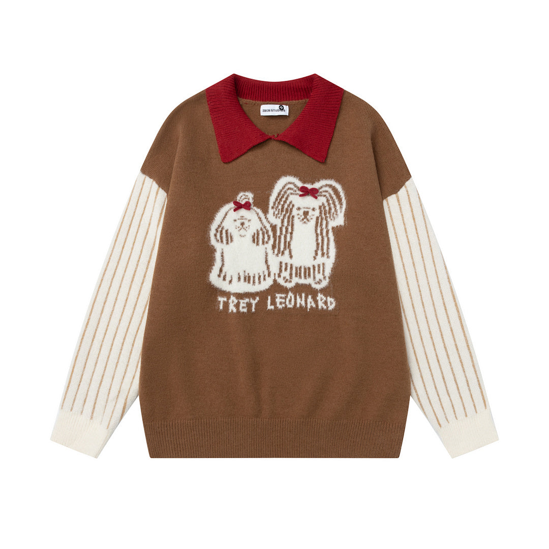 Contrast Collar Striped Splice Dog Graphic Knit Sweater
