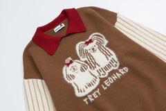 Contrast Collar Striped Splice Dog Graphic Knit Sweater