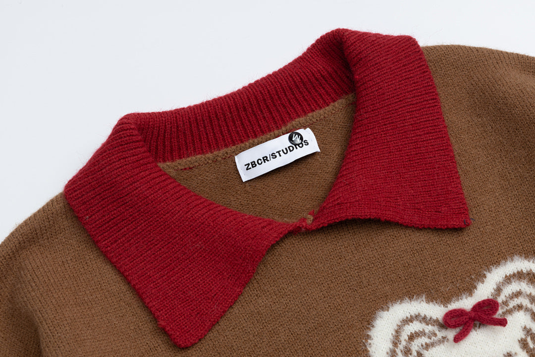Contrast Collar Striped Splice Dog Graphic Knit Sweater