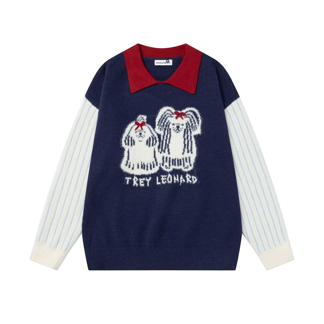 Contrast Collar Striped Splice Dog Graphic Knit Sweater