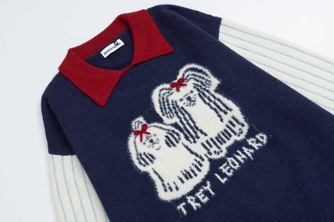 Contrast Collar Striped Splice Dog Graphic Knit Sweater