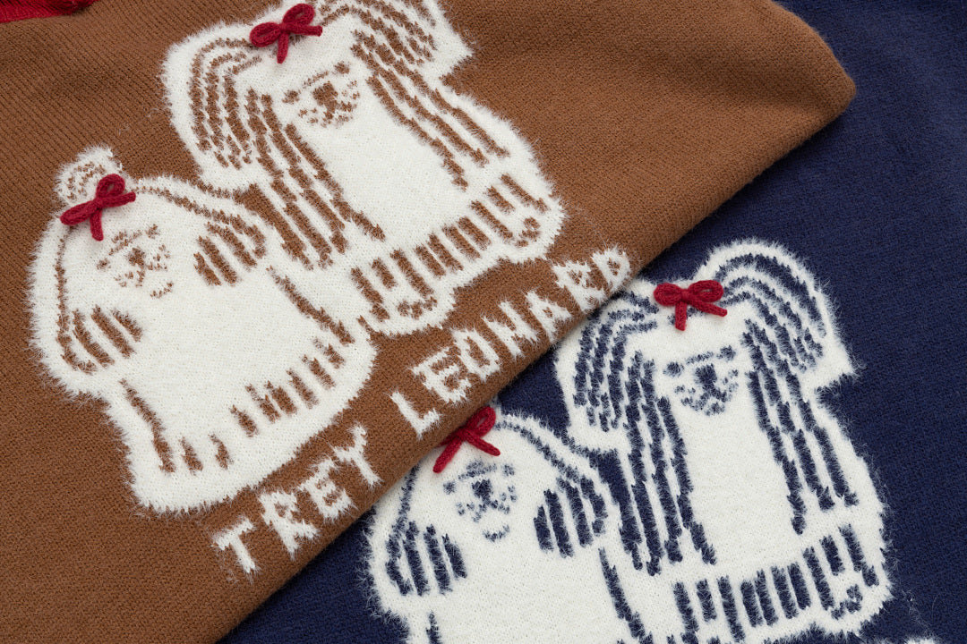 Contrast Collar Striped Splice Dog Graphic Knit Sweater