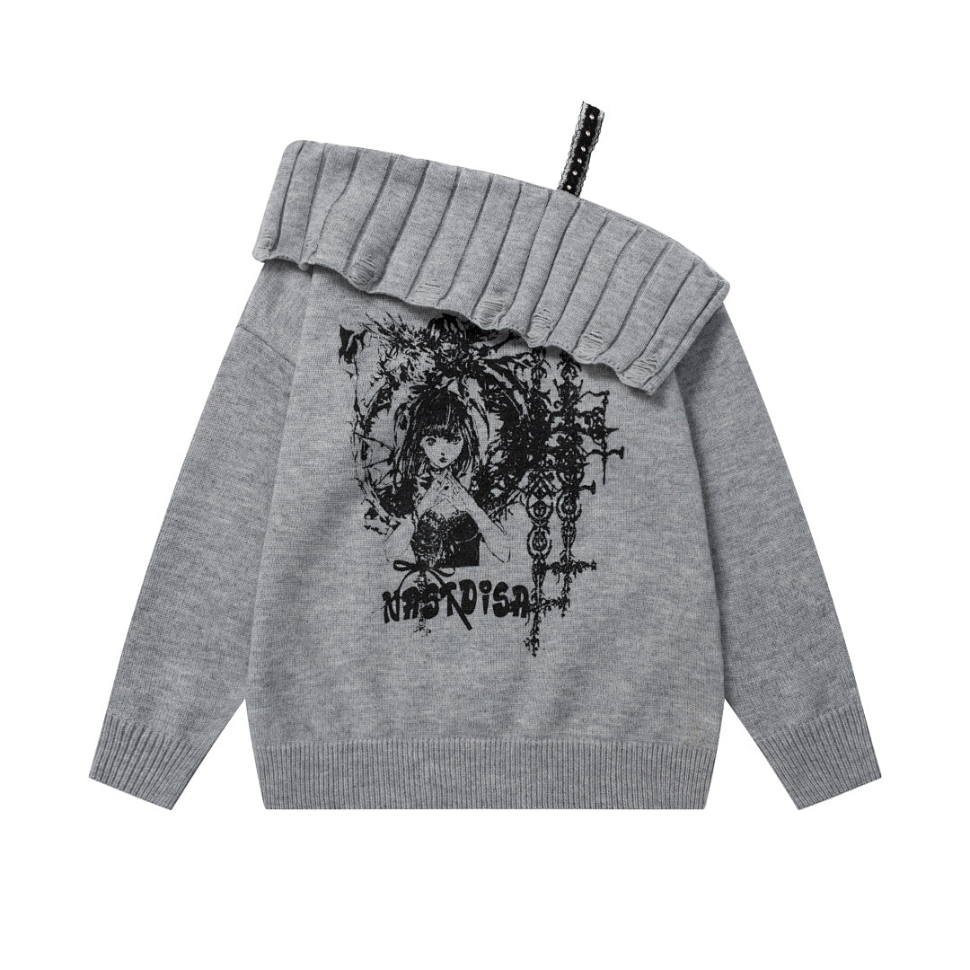 Off‑Shoulder Distressed Knit Sweater Gothic Girl Back Print