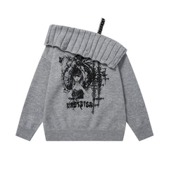 Off‑Shoulder Distressed Knit Sweater Gothic Girl Back Print