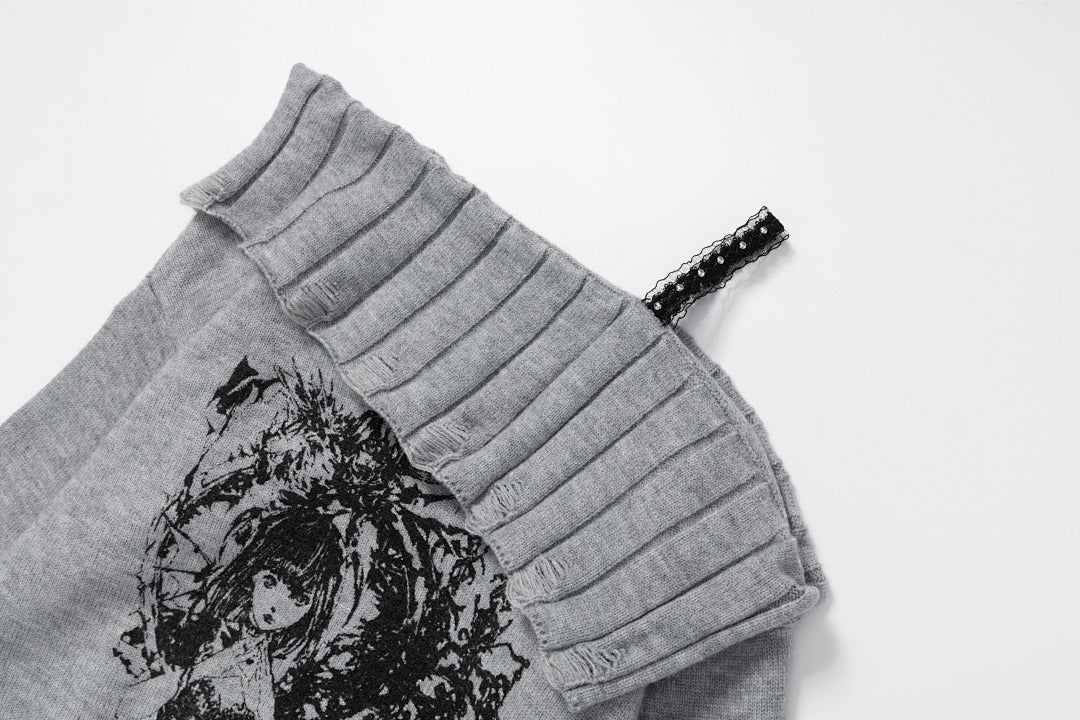 Off‑Shoulder Distressed Knit Sweater Gothic Girl Back Print
