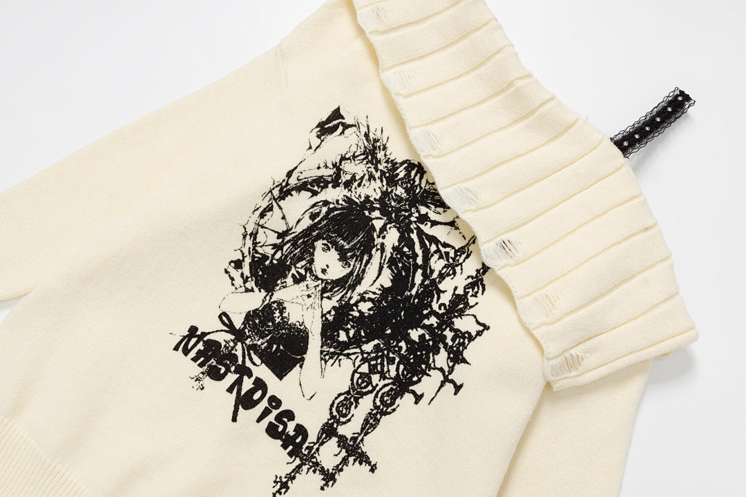 Off‑Shoulder Distressed Knit Sweater Gothic Girl Back Print