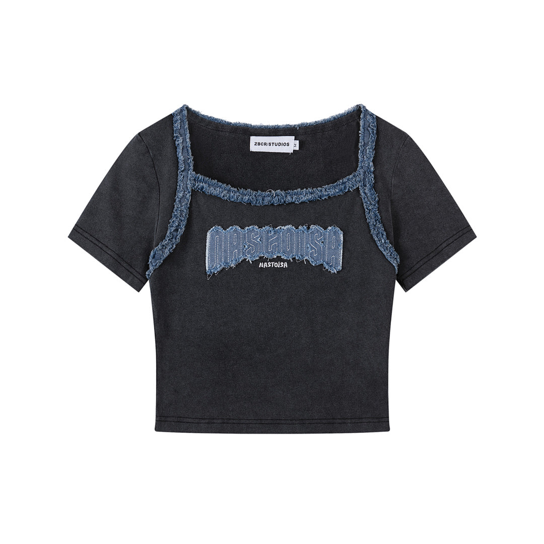 Washed Denim Fringe Patch Square Neck Crop Tee