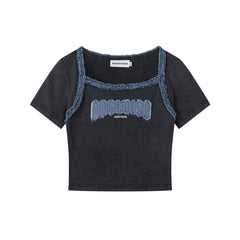 Washed Denim Fringe Patch Square Neck Crop Tee