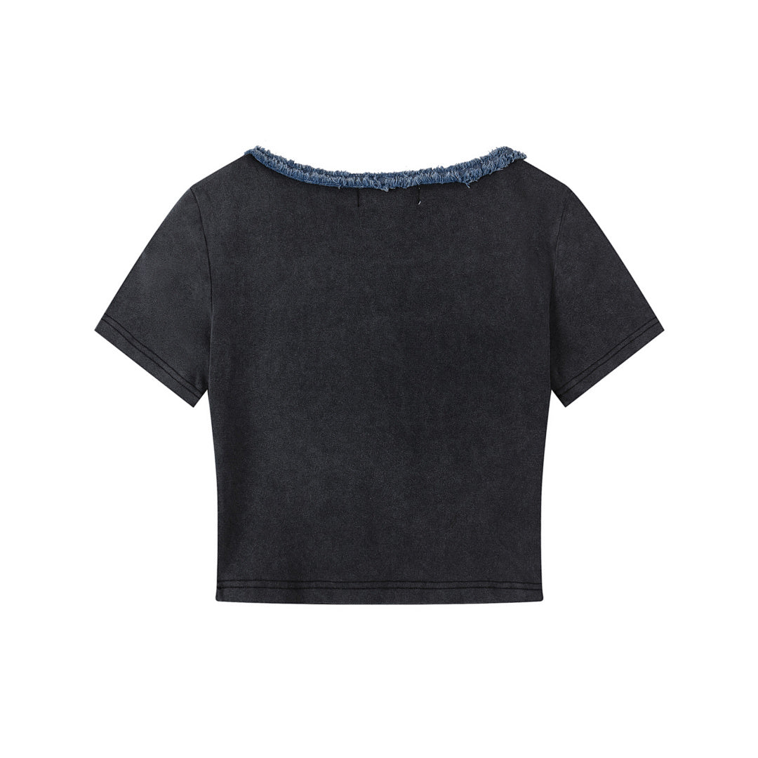 Washed Denim Fringe Patch Square Neck Crop Tee