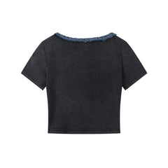 Washed Denim Fringe Patch Square Neck Crop Tee
