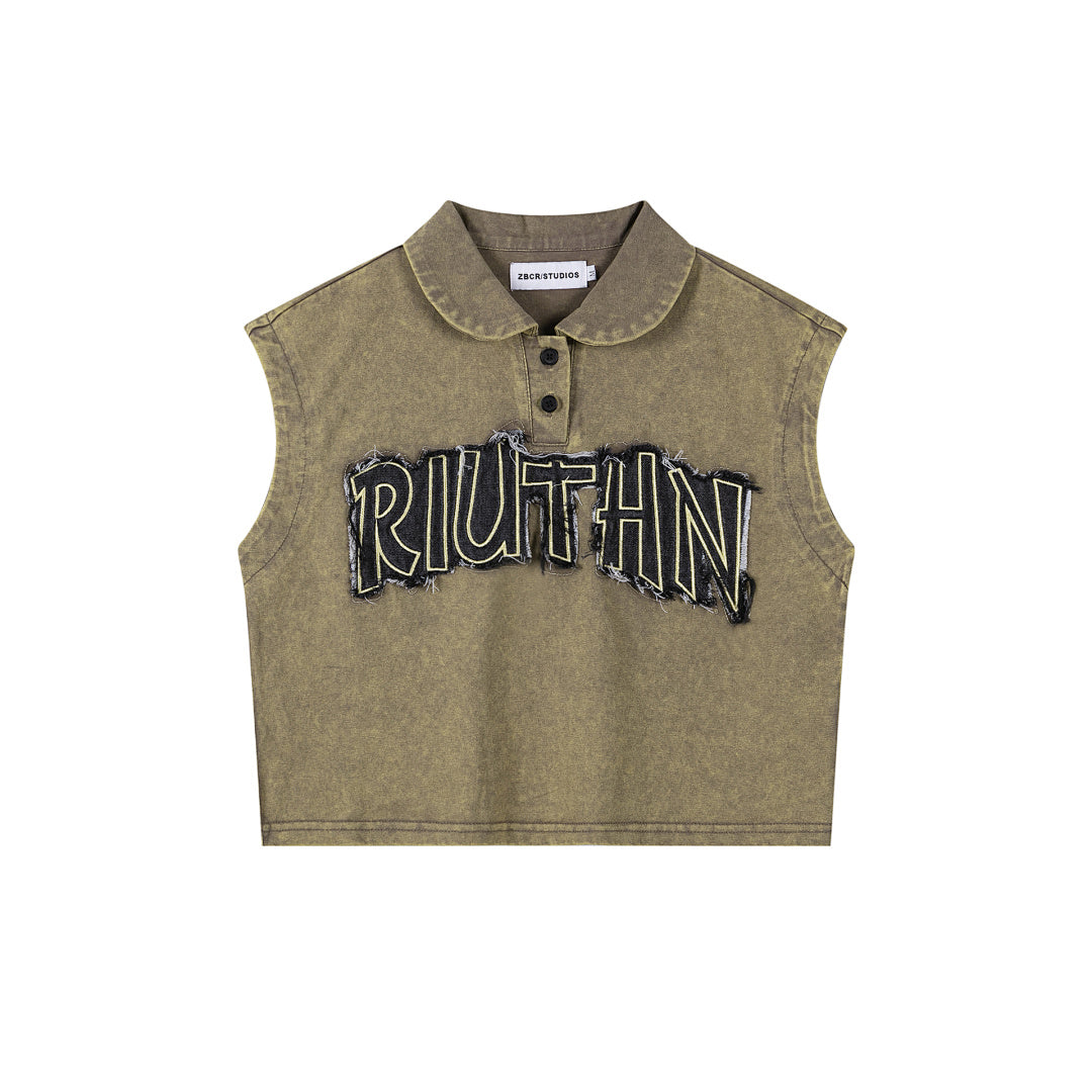 Washed Raw Edge Patch Polo Sleeveless Crop Top