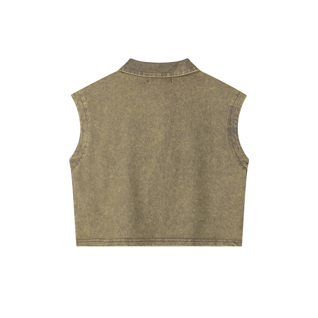 Washed Raw Edge Patch Polo Sleeveless Crop Top