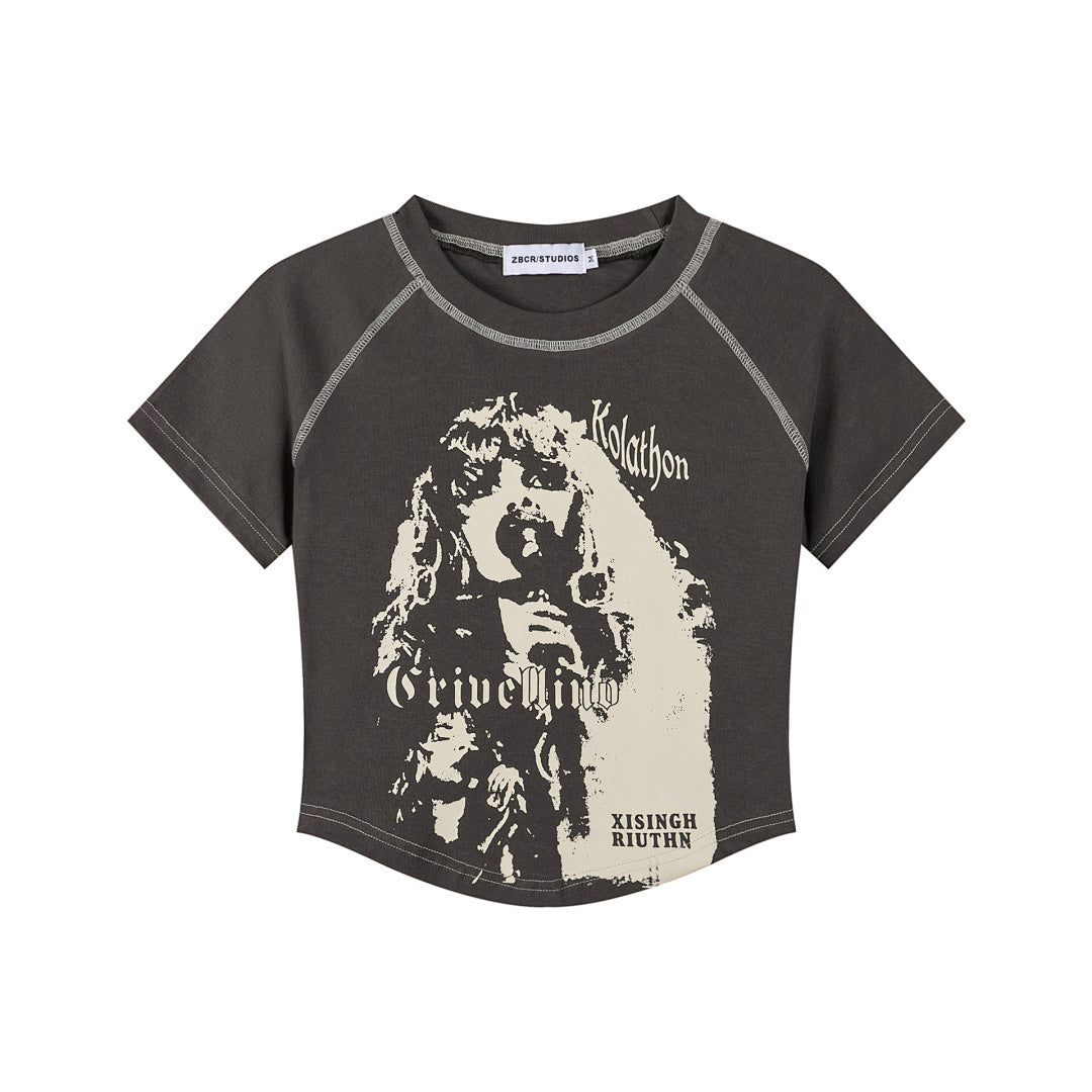 Vintage Portrait Print Contrast Stitch Raglan Crop Tee