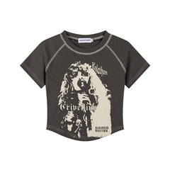 Vintage Portrait Print Contrast Stitch Raglan Crop Tee