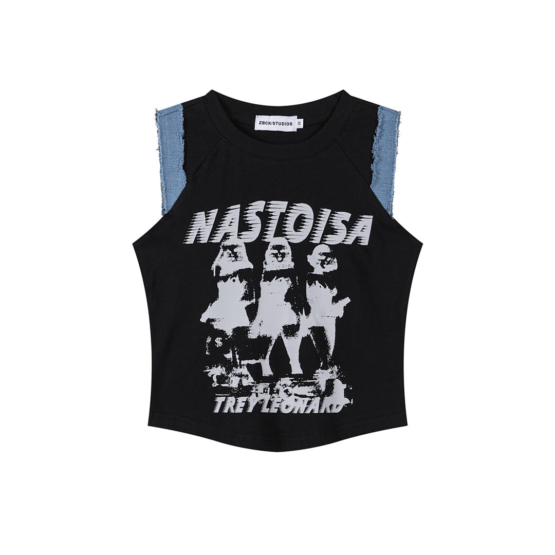 Distorted Figure Print Denim Trim Raglan Tank Top