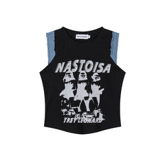 Distorted Figure Print Denim Trim Raglan Tank Top